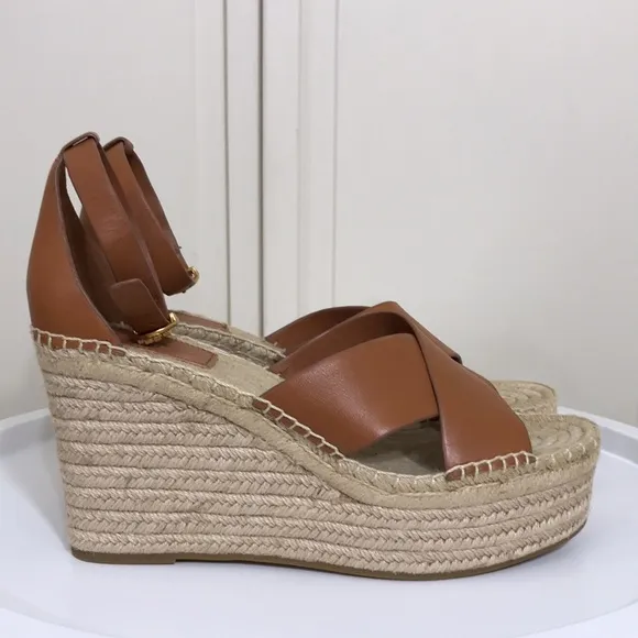 NWOT Tory Burch Brown Selby Ambra Leather Wedge Espadrille Sandals Size 10M