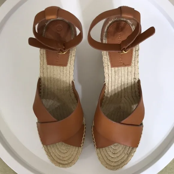 NWOT Tory Burch Brown Selby Ambra Leather Wedge Espadrille Sandals Size 10M
