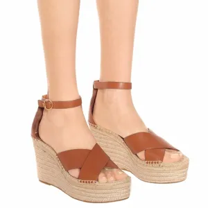 NWOT Tory Burch Brown Selby Ambra Leather Wedge Espadrille Sandals Size 10M