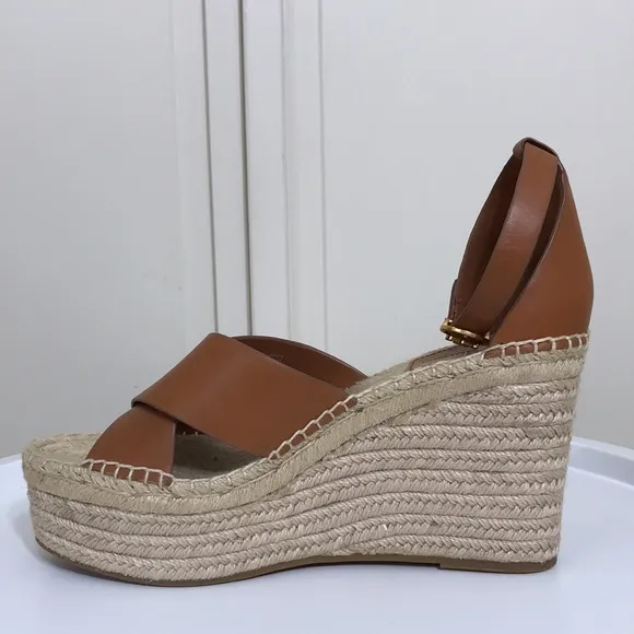 NWOT Tory Burch Brown Selby Ambra Leather Wedge Espadrille Sandals Size 10M