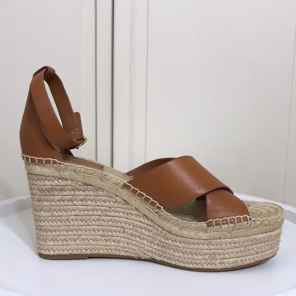 NWOT Tory Burch Brown Selby Ambra Leather Wedge Espadrille Sandals Size 10M