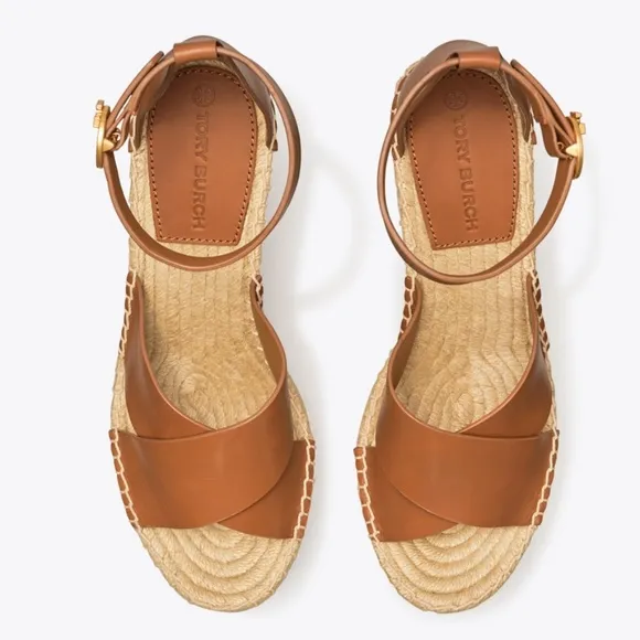 NWOT Tory Burch Brown Selby Ambra Leather Wedge Espadrille Sandals Size 10M
