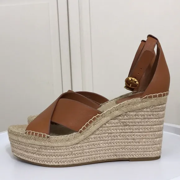 NWOT Tory Burch Brown Selby Ambra Leather Wedge Espadrille Sandals Size 10M