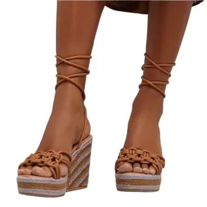 NWT Anthropologie Raffia Purple Tan Platform Heels Lace Up Sandals Size 40 Boho