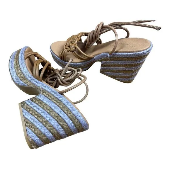NWT Anthropologie Raffia Purple Tan Platform Heels Lace Up Sandals Size 40 Boho