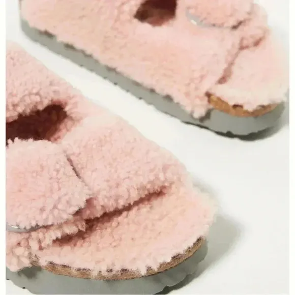 NWT Birkenstock Papillio Arizona Shearling Teddy Crystal Rose Buckle Sandals