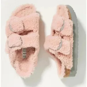 NWT Birkenstock Papillio Arizona Shearling Teddy Crystal Rose Buckle Sandals