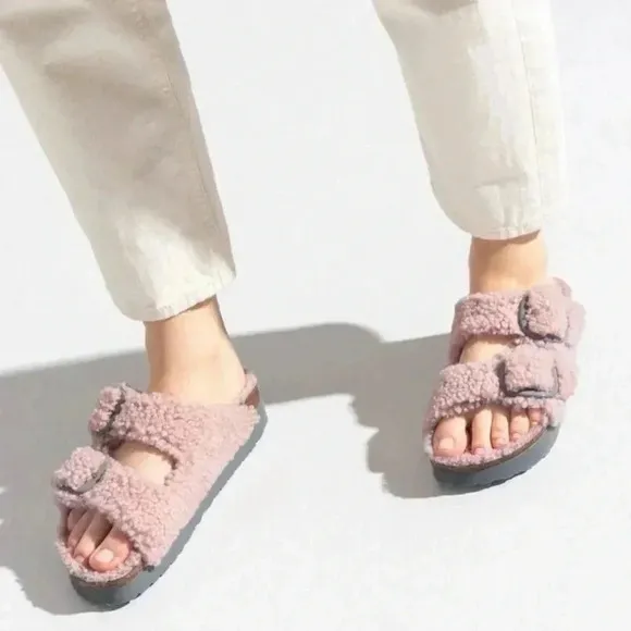 NWT Birkenstock Papillio Arizona Shearling Teddy Crystal Rose Buckle Sandals