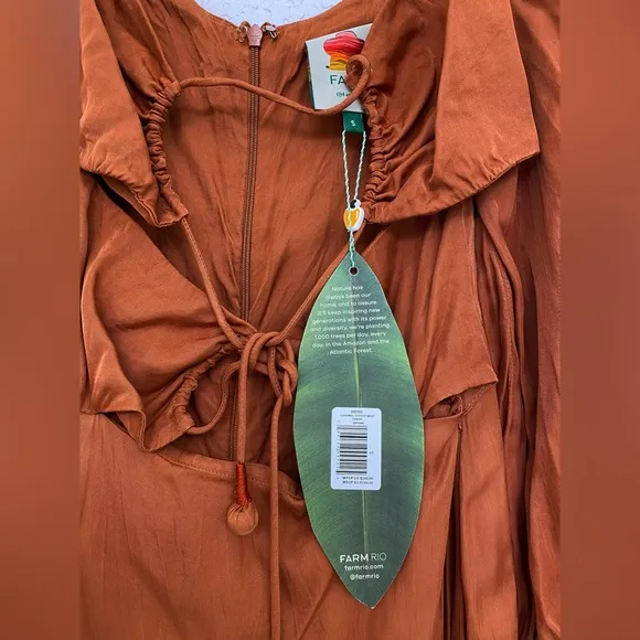 🌸NWT FARM XS, S, M Rio Satin Caramel Cutout Front-Tie Midi Dress