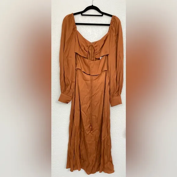 🌸NWT FARM XS, S, M Rio Satin Caramel Cutout Front-Tie Midi Dress