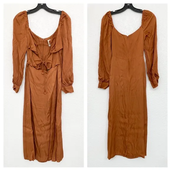 🌸NWT FARM XS, S, M Rio Satin Caramel Cutout Front-Tie Midi Dress