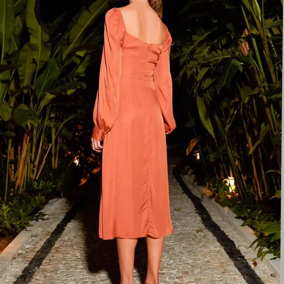 🌸NWT FARM XS, S, M Rio Satin Caramel Cutout Front-Tie Midi Dress