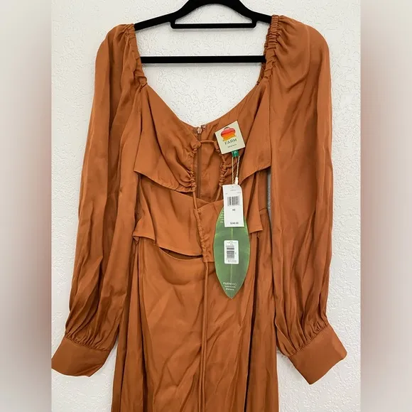 🌸NWT FARM XS, S, M Rio Satin Caramel Cutout Front-Tie Midi Dress