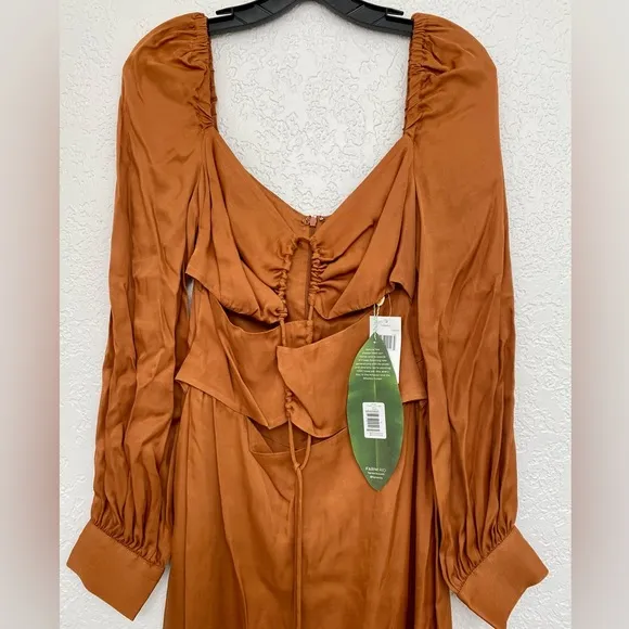 🌸NWT FARM XS, S, M Rio Satin Caramel Cutout Front-Tie Midi Dress
