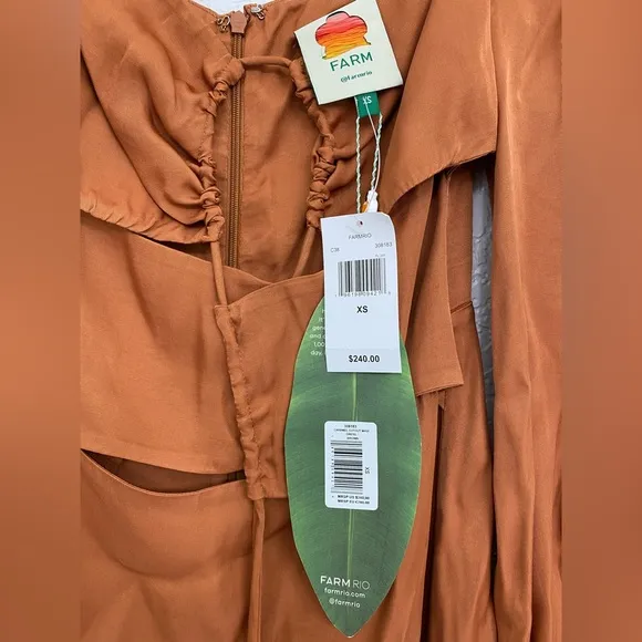 🌸NWT FARM XS, S, M Rio Satin Caramel Cutout Front-Tie Midi Dress