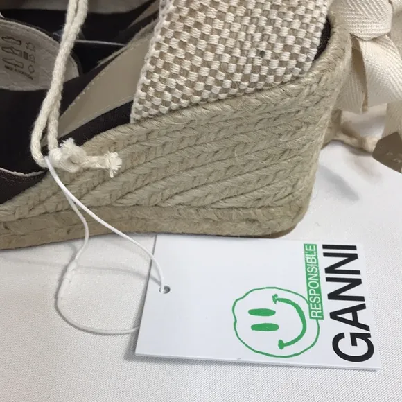 NWT GANNI Embroidered canvas wedge espadrille sandals