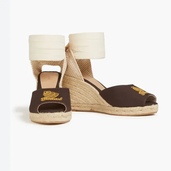 NWT GANNI Embroidered canvas wedge espadrille sandals