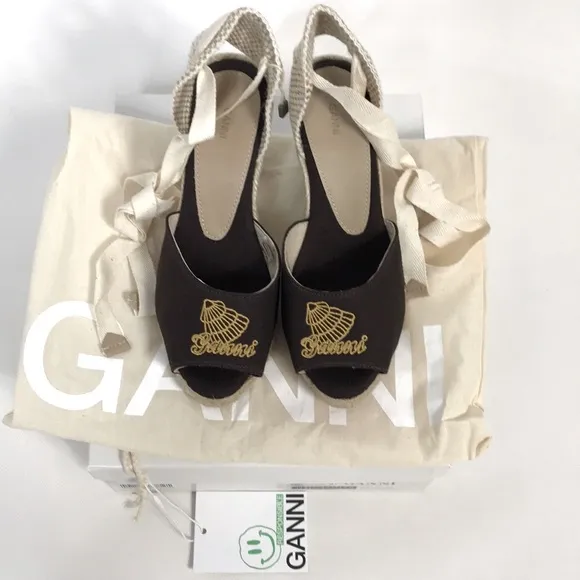 NWT GANNI Embroidered canvas wedge espadrille sandals