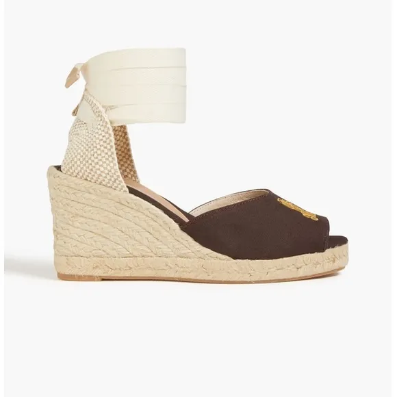 NWT GANNI Embroidered canvas wedge espadrille sandals