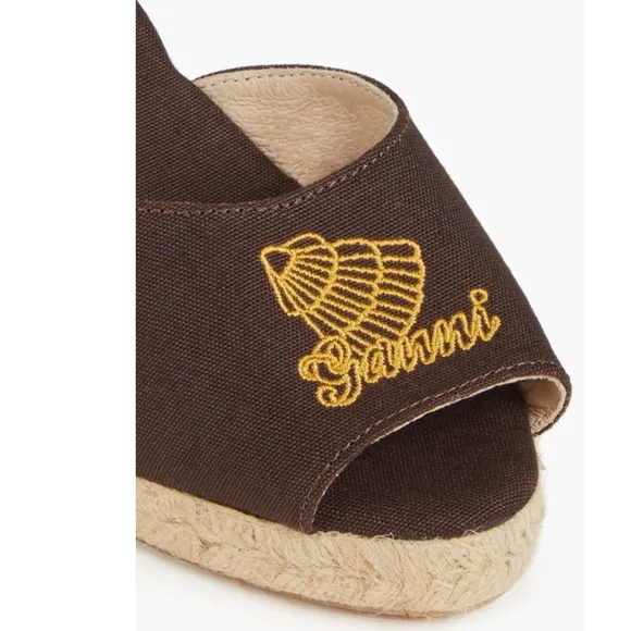NWT GANNI Embroidered canvas wedge espadrille sandals
