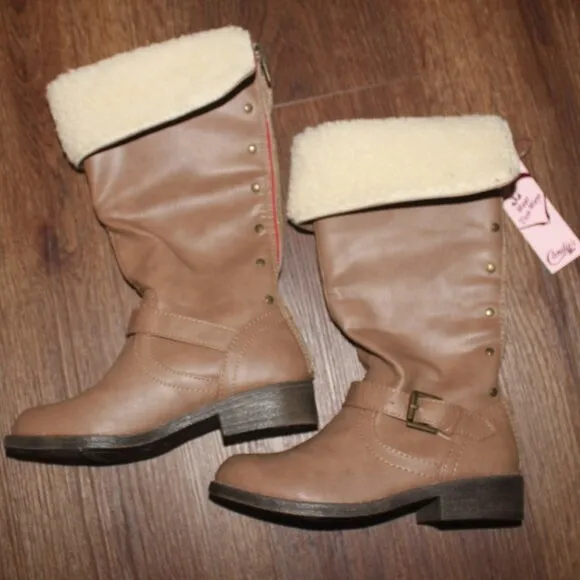 NWT Girls Candie's Tan Brown 2 Ways to Wear Tall Faux Fur Faux Leather Boots 12