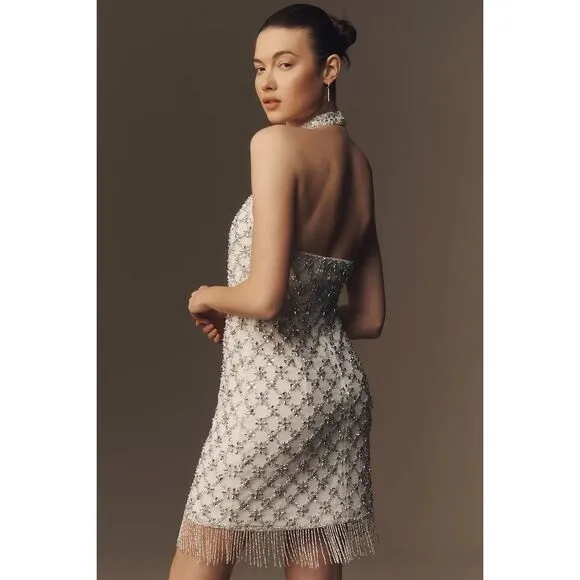 NWT Liv Foster Halter Beaded Fringe Mini Dress Size 4
