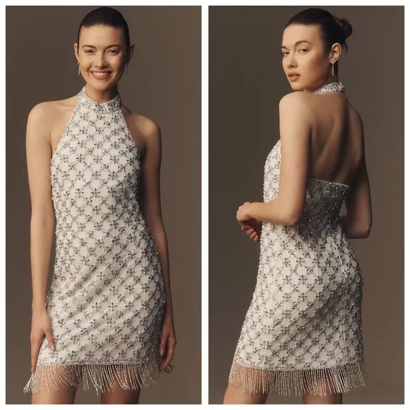 NWT Liv Foster Halter Beaded Fringe Mini Dress Size 4