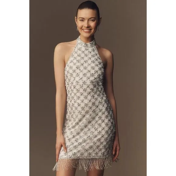 NWT Liv Foster Halter Beaded Fringe Mini Dress Size 4