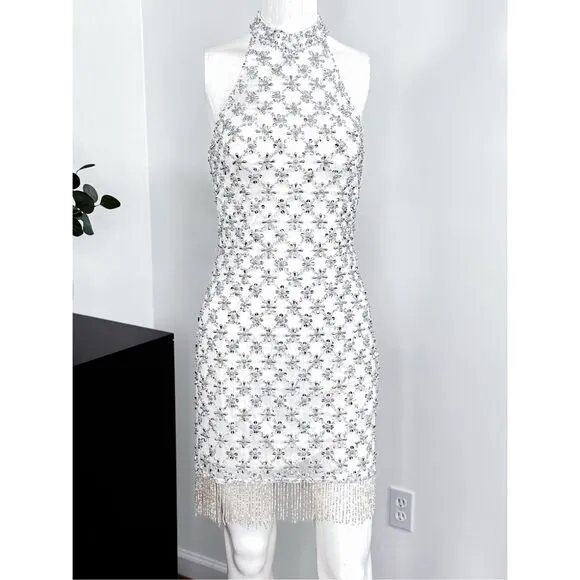 NWT Liv Foster Halter Beaded Fringe Mini Dress Size 4