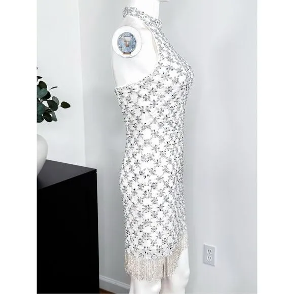 NWT Liv Foster Halter Beaded Fringe Mini Dress Size 4