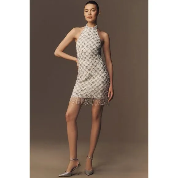 NWT Liv Foster Halter Beaded Fringe Mini Dress Size 4