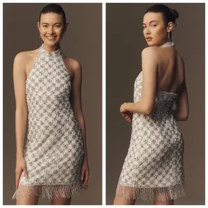 NWT Liv Foster Halter Beaded Fringe Mini Dress Size 4
