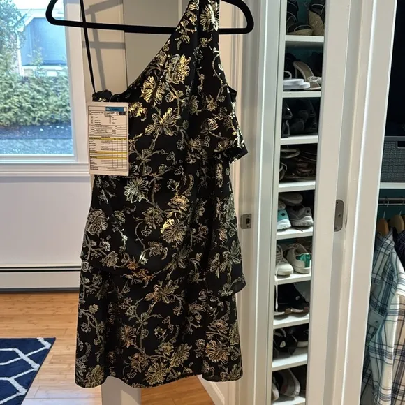 NWT one shoulder ruffle black and gold dress