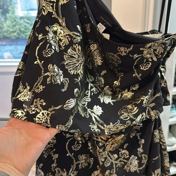 NWT one shoulder ruffle black and gold dress