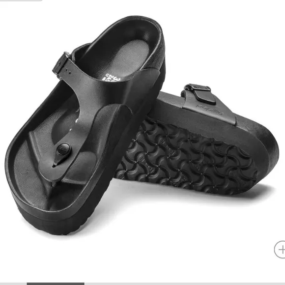 NWT Papillio by Birkenstock Gizeh Flex Platform Black Leather Thong Toe Sandals