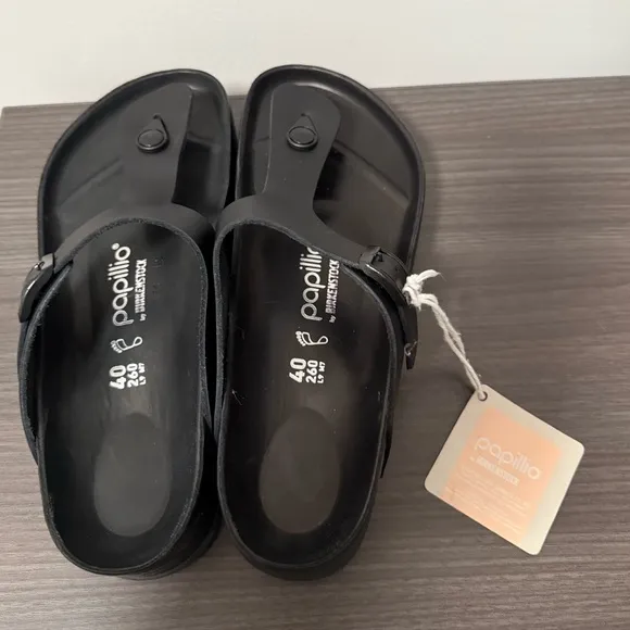 NWT Papillio by Birkenstock Gizeh Flex Platform Black Leather Thong Toe Sandals