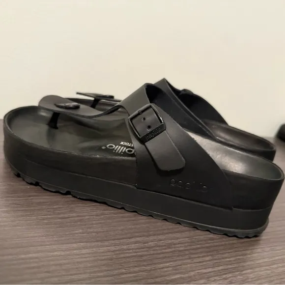 NWT Papillio by Birkenstock Gizeh Flex Platform Black Leather Thong Toe Sandals