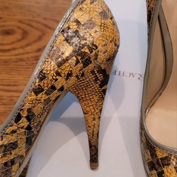 NWT Rachel Roy Snakeskin Mustard Yellow Gold Gray Taupe Tan Beige Peep Toe Heels