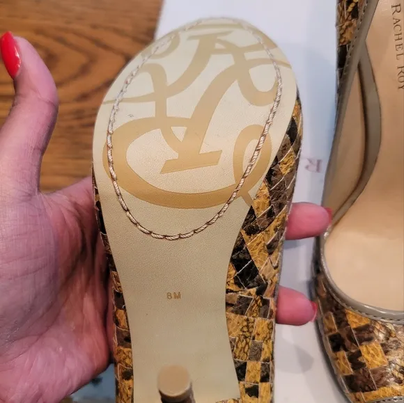 NWT Rachel Roy Snakeskin Mustard Yellow Gold Gray Taupe Tan Beige Peep Toe Heels
