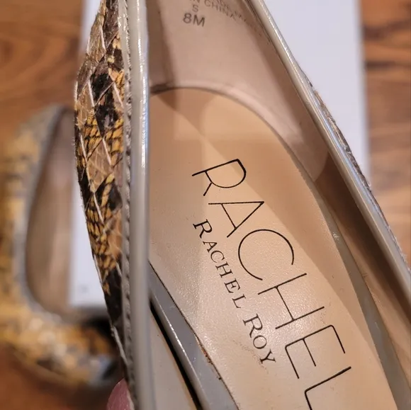 NWT Rachel Roy Snakeskin Mustard Yellow Gold Gray Taupe Tan Beige Peep Toe Heels