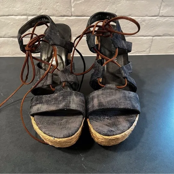 NWT Stuart Weitzman sz 8.5 denim color lace up espadrille sandals
