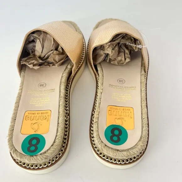 NWT  Sz 8 Kanna Leather Metallic Champagne Gold Mule Slide Espadrille Sandals