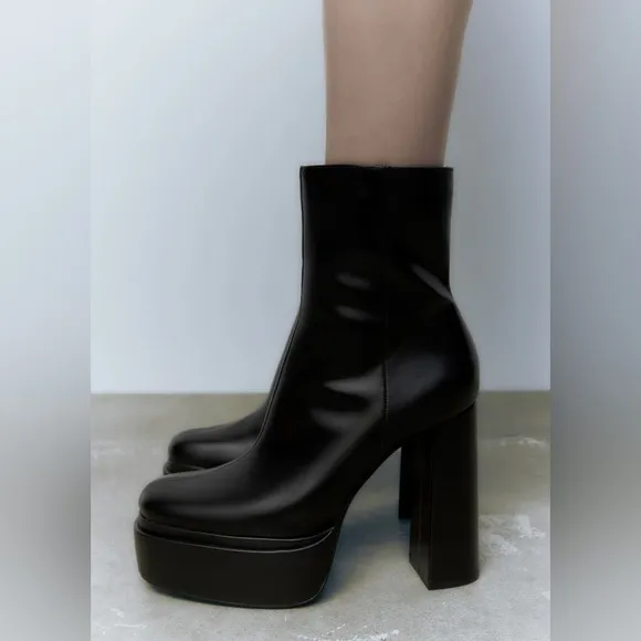 NWT. Zara Black High-Heel Platform Ankle Boots. Size 8.