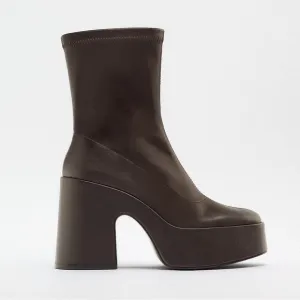 NWT. Zara Brown Faux Leather Platform Heeled Ankle Boots. Size 10.