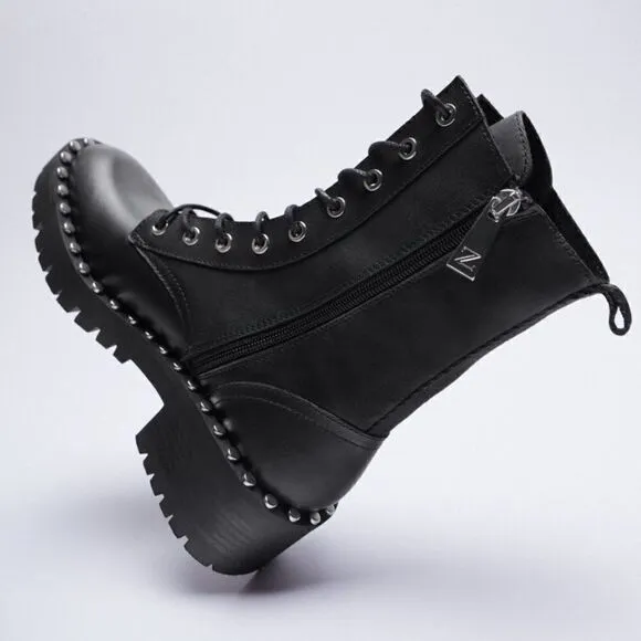 NWT Zara Studded Leather Lace Up Boots