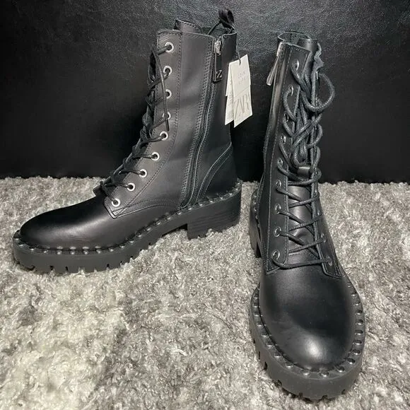 NWT Zara Studded Leather Lace Up Boots