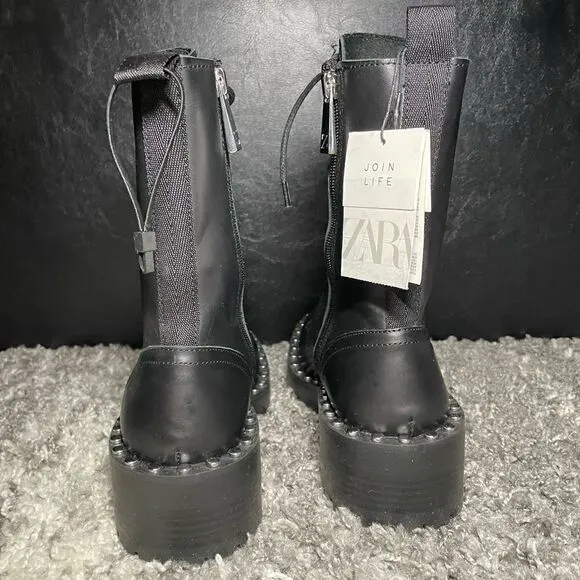 NWT Zara Studded Leather Lace Up Boots