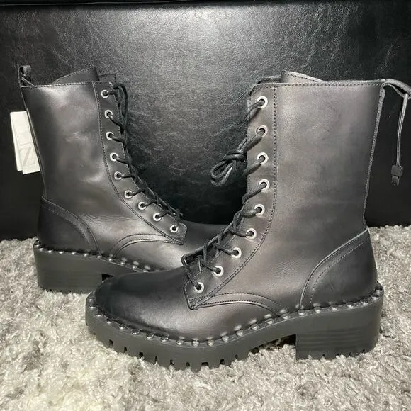NWT Zara Studded Leather Lace Up Boots