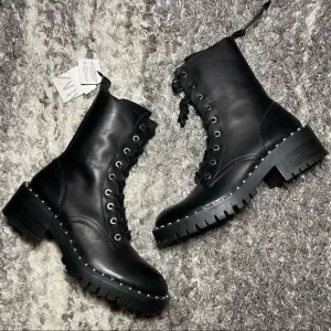 NWT Zara Studded Leather Lace Up Boots
