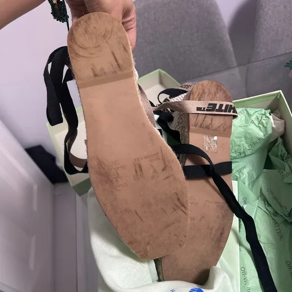 Off White Espadrille Sandals in Black and Tan